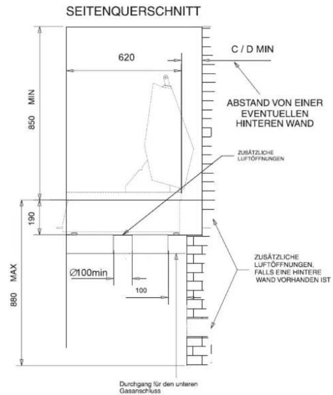 SEITENQUERSCHNITT 620 C / D MIN MIN 850 190 MAX 880 Ø100min 100 ABSTAND VON EINER EVENTUELLEN HINTEREN WAND ZUSÄTZLICHE LUFTÖFFNUNGENS ZUSÄTZLICHE LUFTÖFFNUNGENS. FALLS EINE HINTERE WAND VORHANDEN IST Durchgang für den unteren Gasanschluss