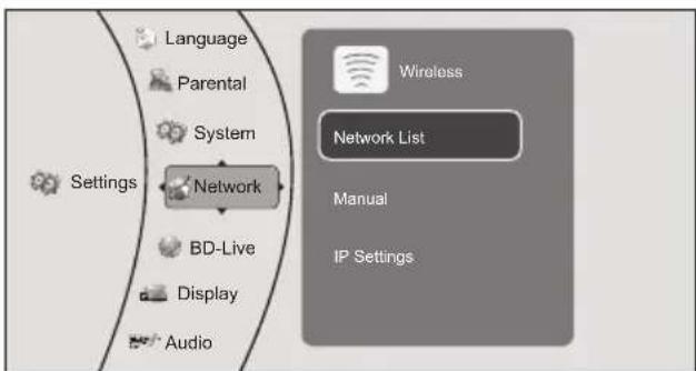 Language Parental System Settings Network BD-Live Display Audio Wireless Network List Manual IP Settings