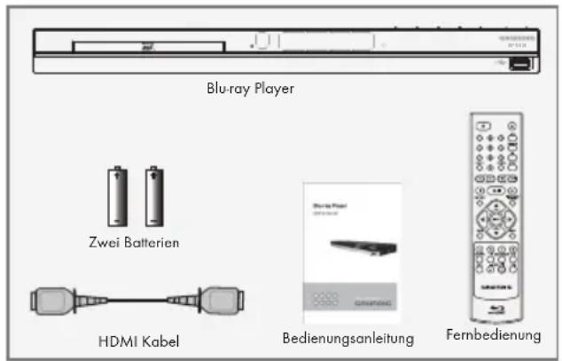 Blu-ray Player Zwei Batterien HDMI Kabel Bedienungsanleitung Fernbedienung