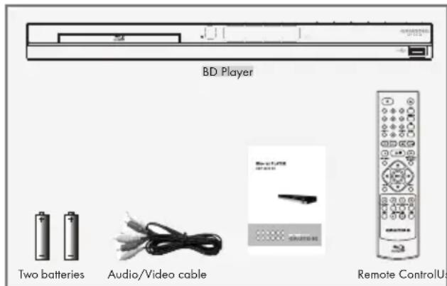 BD Player Two batteries Audio/Video cable Remote ControlUs