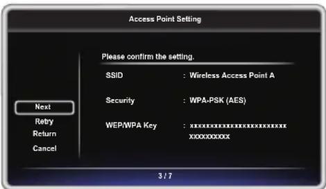 Access Point Setting Please confirm the setting. SSID : Wireless Access Point A Security : WPA-PSK (AES) WEPNWPA Key :XXXXXXXXXXXXX XXXXXXXXXX Next Retry Return Cancel 3 / 7
