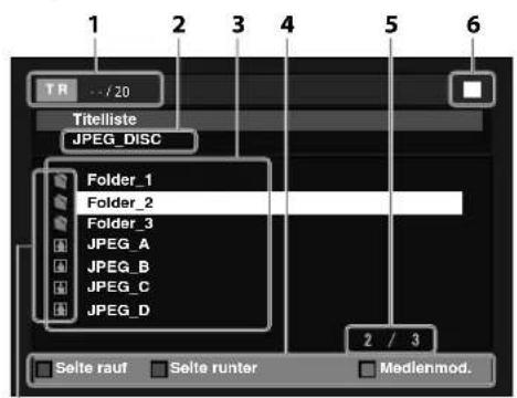 1 2 3 4 5 6 TR - / 20 Titelliste JPEG_DISC Folder_1 Folder_2 Folder_3 JPEG_A JPEG_B JPEG_C JPEG_D 2 / 3 Selte rauf Selte runter Medienmod.