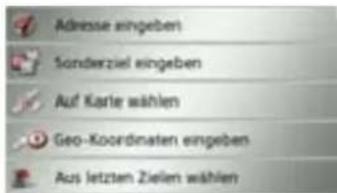 Adresse eingeben Sonderziel eingeben Auf Karle wählen Geo-Koordinaten eingeben Aus letzten Zielen wählen