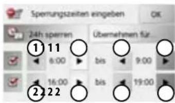 Sperrungszeiten eingeben OK 24h sperren Übernehmen für... 1 11 8:00 bis 9:00 16:00 bis 19:00 2 2 2