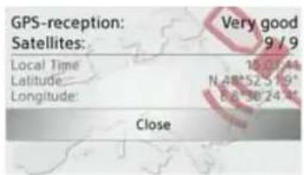 GPS-reception: Satellites: Very good 9 / 9 Local Time 15.07.44 Latitude N-AB°52.519° Longitude 6.8.36.24.44 Close