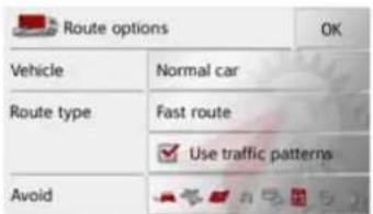 Route options OK Vehicle Normal car Route type Fast route ✓ Use traffic patterns Avoid