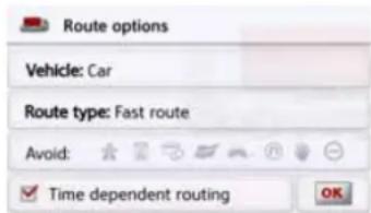 Route options Vehicle: Car Route type: Fast route Avoid: ✓ Time dependent routing OK