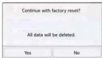 Continue with factory reset? All data will be deleted. Yes No