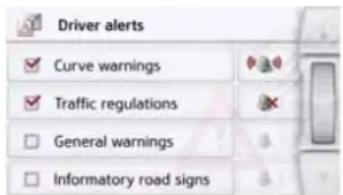 Driver alerts ✓ Curve warnings ✓ Traffic regulations □ General warnings □ Informatory road signs