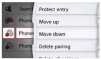 Search Phone Phone Phone Protect entry Move up Move down Delete pairing Delete all pairs