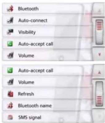 Bluetooth Auto-connect Visibility Auto-accept call Volume Auto-accept call Volume Refresh Bluetooth name SMS signal