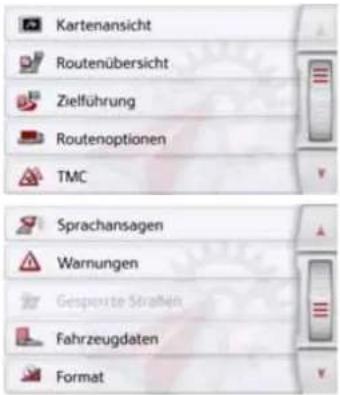 Kartenansicht Routenübersicht Zielführung Routenoptionen TMC Sprachansagen Warnungen Gespoorte Straßen Fahrzeugdaten Format