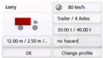 Lorry 80 km/h Trailer / 4 Axles 30.00 t / 40.00 t 12.00 m / 2.50 m /... no hazard OK Change profile