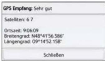 GPS Empfang: Sehr gut Satelliten: 6 7 Ortszeit: 9:06:09 Breitengrad: N48°41'56.586" Längengrad: 09°14'52.158" Schließen