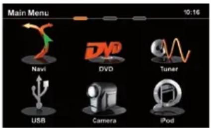 Main Menu 10:16 Navi DVD Tuner USB Camera iPod