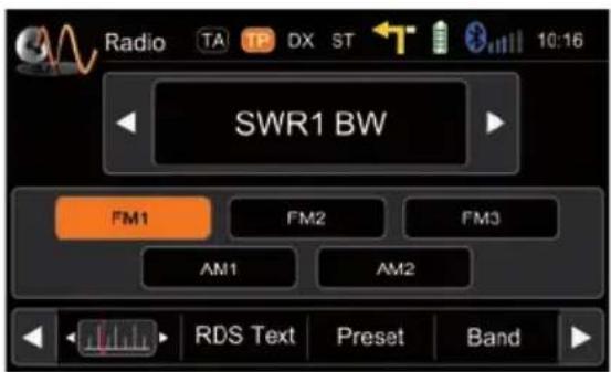 Radio TA TP DX ST 10:16 SWR1 BW FM1 FM2 FM3 AM1 AM2 RDS Text Preset Band