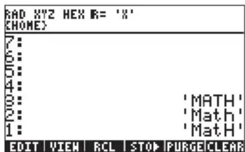 RAD XYZ HEX R= 'X' (HOME) 7: 6: 5: 4: 3: 'MATH' 2: 'Math' 1: 'Math' EDIT VIEW RCL STOP PURGE CLEAR