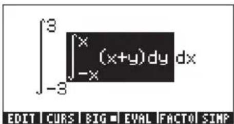 ∫3 ∫x (x+y)dy dx -x -3 EDIT | CURS | BIG ■ EVAL | FACTO | SIMP