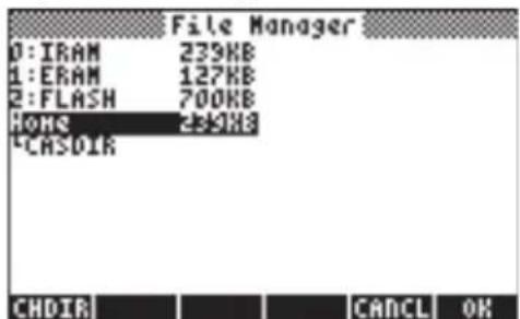File Manager 0: IRAM 239KB 1: ERAM 127KB 2: FLASH 700KB HONG 450KB *CHSDIR CHDIR | | | | CANDL | OK