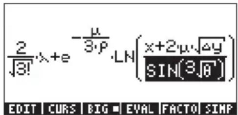 2/√3!λ+e^(-μ/3·ρ)·LN(x+2μ√Δy)/SIN(3√θ)) EDIT CURS BIG EVAL FACTO SIMP