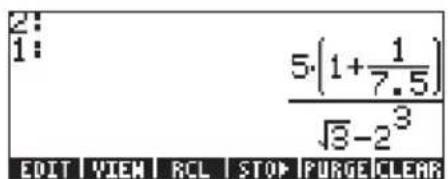 2: 1: 5·(1+1/7.5) √3-2³ EDIT VIEW RCL STOP PURGE CLEAR