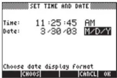 SET TIME AND DATE Time: 11:25:45 AM Date: 3/30/03 M/D/Y Choose date display format CHOOS | | CANCEL | OK