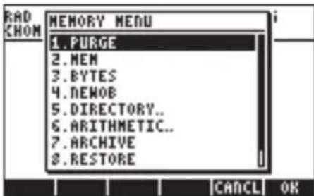 RAD CHOM MEMORY MENU 1.PURGE 2.MEM 3.BYTES 4.NEWOB 5.DIRECTORY.. 6.ARITHMETIC.. 7.ARCHIVE 8.RESTORE