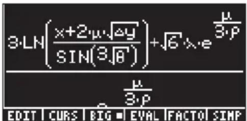 3·LN\(\left(\frac{x+2\mu\sqrt{\Delta y}}{\sin(3\sqrt{8})}\right)+\sqrt{6}\times e^{\frac{\mu}{3\cdot P}}\) µ/3· P EDIT | CURS | BIG = EVAL | FACTO | SIMP