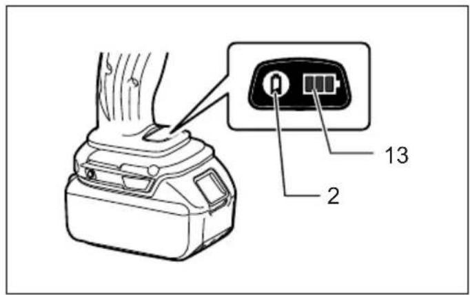 Diagram of a battery rear panel with labeled ports and component number 13