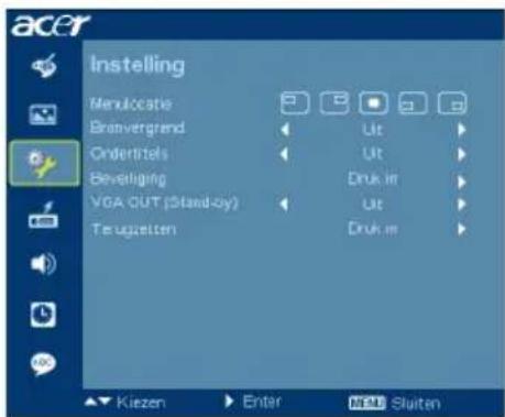 acer Instelling Manulocatie Bremvergrend Ondertels Beverliging VGA OUT (Stand-oy) Teugelten Uit Uit Druk in Uit Druk in Kiezen Enter NAM Sluiten