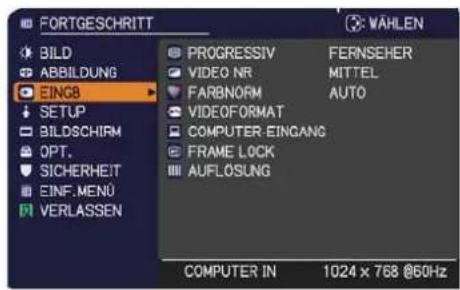 FORTGESCHRITT BILD ABBILDUNG EING8 SETUP BILDSCHIRM OPT. SICHERHEIT EINF.MENU VERLASSEN PROGRESSIV FERNSEHER VIDEO NR MITTEL FARBNORM AUTO VIDEOFORMAT COMPUTER-EINGANG FRAME LOCK AUFLOSUNG COMPUTER IN 1024 x 768 @60Hz