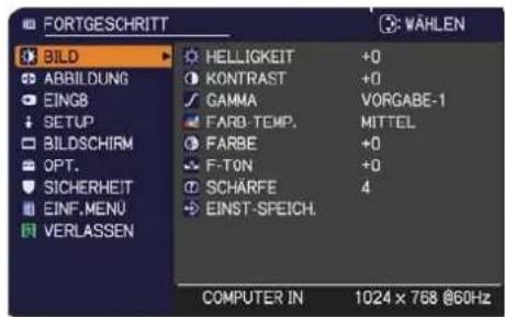 FORTGESCHRITT WÄHLEN BILD ABBILDUNG EINGB SETUP BILDSCHIRM OPT. SICHERHEIT EINF.MENU VERLASSEN HELLIGKEIT +0 KONTRAST +0 GAMMA VORGABE-1 FARB-TEMP.MITTEL FARBE +0 F-TON +0 SCHARFE 4 EINST-SPEICH. COMPUTER IN 1024 x 768 @60Hz