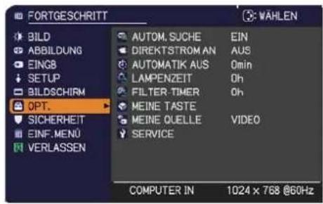 FORTGESCHRITT BILD ABBILDUNG EINGB SETUP BILDSCHIRM OPT. SICHERHEIT EINF.MENÜ VERLASSEN AUTOM. SUCHE EIN DIREKTSTROMAN AUS AUTOMATIK AUS 0min LAMPENZEIT 0h FILTER-TIMER 0h MEINE TASTE MEINE QUELLE VIDEO SERVICE COMPUTER IN 1024 x 768 @60Hz
