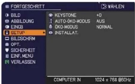 FORTGESCHRITT KAHLLEN BILD ABBILDUNG EINGB SETUP BILDSCHRM OPT. SICHERHEIT EINF. MENU VERLASSEN KEYSTONE +0 AUTO-OKO-MODUS AUS OKO-MODUS NORMAL INSTALLAT. COMPUTER IN 1024 x 768 @6GHz
