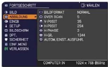FORTGESCHRITT BAHLEN BILD ABBILDUNG EINGB SETUP BILDSCHIRM OPT. SICHERHEIT EINF. MENU VERLASSEN BILDFORMAT NORMAL OVER SCAN 5 V-POSIT 35 H-Posit 294 H PHASE 2 H-GR. 1344 AUTOM. EINST. AUSFUHR. COMPUTER IN 1024 x 768 @60Hz