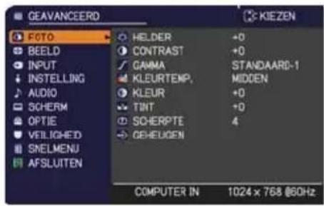 GEAVANCEERD FOTO BEELD INPUT INSTALLING AUDIO SCHERM OPTIE VEILIGNED SNELMENU AFSLUITEN HOLDER +0 CONTRAST +0 GAMMA STANDAARD-1 KLEURTEMP. MIDDEN KLEUR +0 TINT +0 SCHERPTE 4 GEHELIGEN COMPUTER IN 1024 x 768 @60Hz