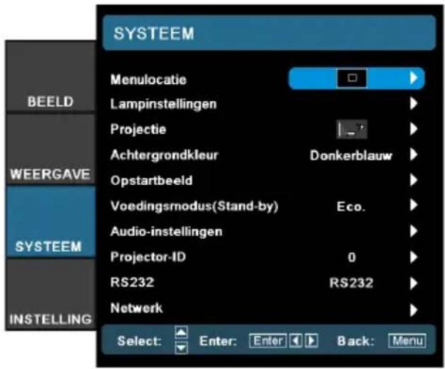 SYSTEEM Menulocatie Lampinstellingen Projectie Achtergrondkleur Donkerblauw Opstartbeeld Voedingsmodus(Stand-by) Eco. Audio-instellingen Projector-ID 0 RS232 RS232 Network Select: Enter: Enter Back: Menu