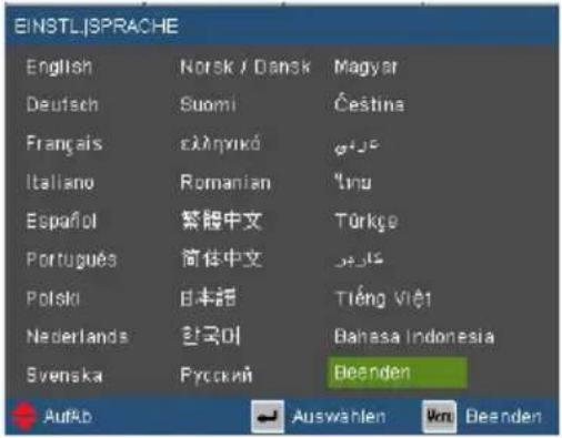 EINSTL./ISPRACHE English Norsk / Dansk Magyar Deutsch Suomi Čestina Français čěřnýkó Šrý Italiano Romanian 'Inu Español 繁體中文 Tórkge Portugues 简体中文 کاریز Polski 日本語 Tiếng Việt Nederlands 한국아 Banasa Indonesia Svenska Ryckni Beenden Aufab Auswahlen Vir Beenden