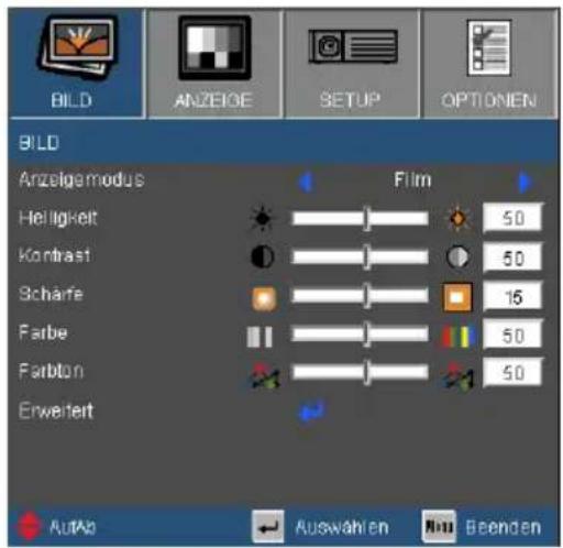 BILD ANZEIGE SETUP OPTIONEN BILD Anzeigemodus Film Helligkeit 50 Krontrast 50 Scharfe 16 Farbe 50 Farbton 50 Erweiert AutAs Auswahlen Au Beenden