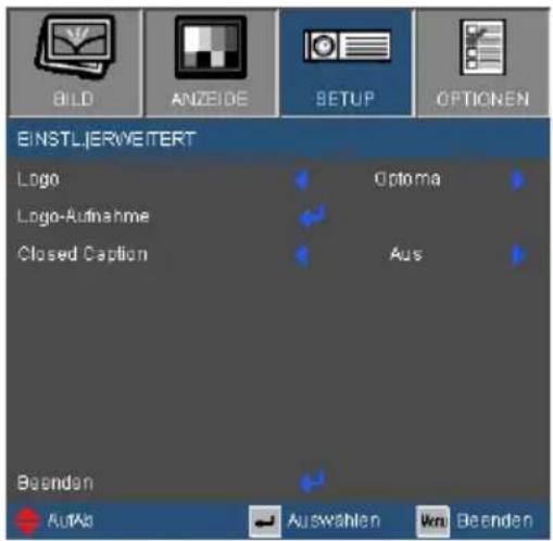 BILD ANZEBE SETUP OPTIONEN EINSTLIERWEITERT Logo Optoma Logo-Aufnahme Closed Caption Aus Beenden AutAs Auswahlen Vcn Beenden