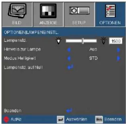 BILD ANZEIGE SETUP OPTIONEN OPTIONEN/LAMPENEINSTL. Lampenstd. 1500 Hinweis zur Lampe Aus Modus Helligkeit STD Lampenstd. auf Null Beenden AutAs Auswahlen Vrn Beenden