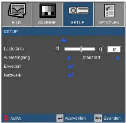 BILD ANZEIGE SETUP OPTIONEN SETUP Lautstärke Audioingang Standard 10 Erweltert Netzwerk Aufk Auswählen Vnr. Beenden