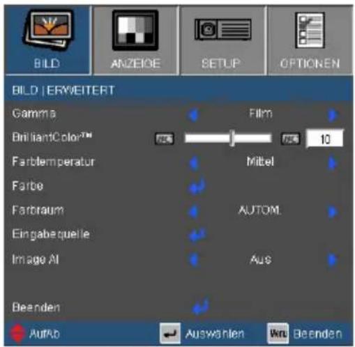 BILD | ERWEITERT Gamma BrilliantColor™ Farblemperatur Farbo Farbraum Eingabequelle Image AI Beenden AuRb Auswahlen Wn Beenden
