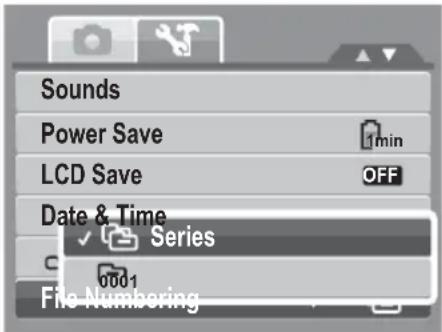 Sounds Power Save LCD Save OFF Date & Time Series 0001 File Numbering