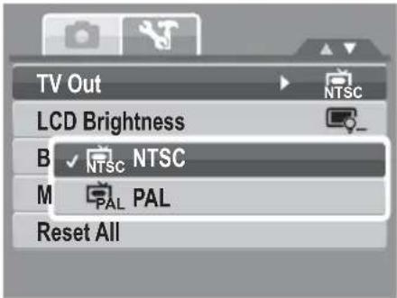 TV Out LCD Brightness B NTSC NTSC M PAL PAL Reset All