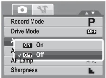Record Mode Drive Mode OFF A ON On A OFF Off AF Lamp Sharpness
