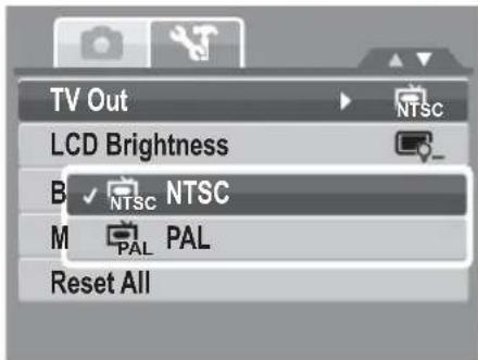 TV Out LCD Brightness B NTSC NTSC M PAL PAL Reset All