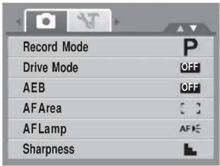 Record Mode Drive Mode AEB AFArea AFLamp Sharpness