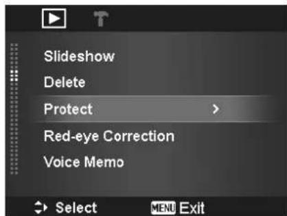 Slideshow Delete Protect > Red-eye Correction Voice Memo Select MENU Exit