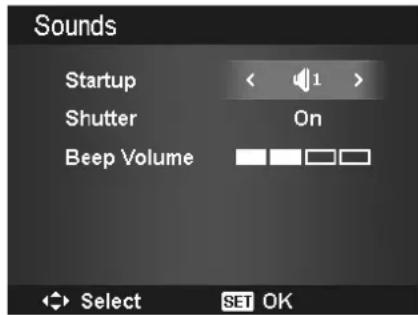 Sounds Startup < 1 > Shutter On Beep Volume Select SET OK